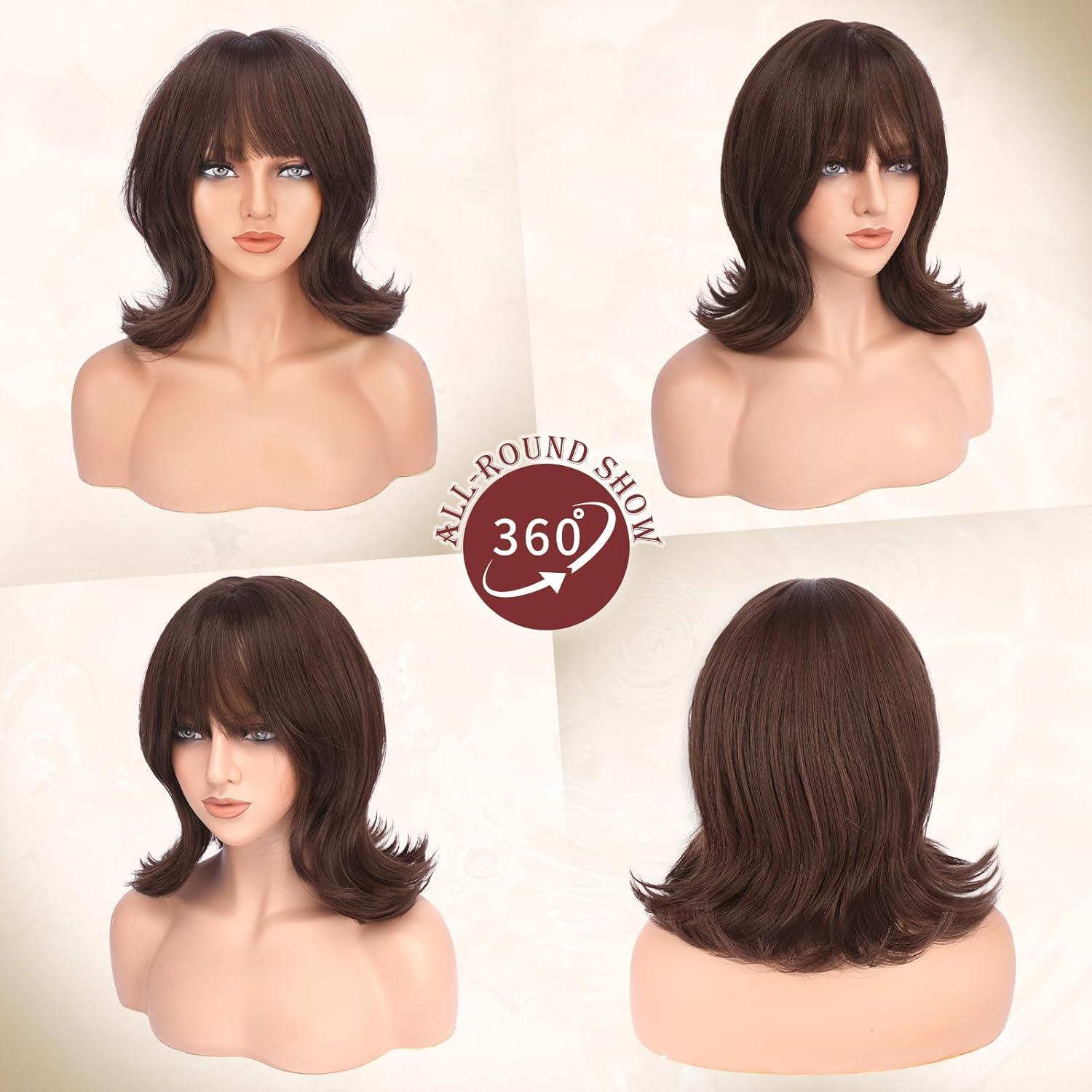 imageFESHFEN Shoulder Length Bob Wigs with Bangs for Women Brown Mixed Honey Blonde Natural Layered Wavy Synthetic Wig For Daily Party Costume Use 14 InchReddish Brown