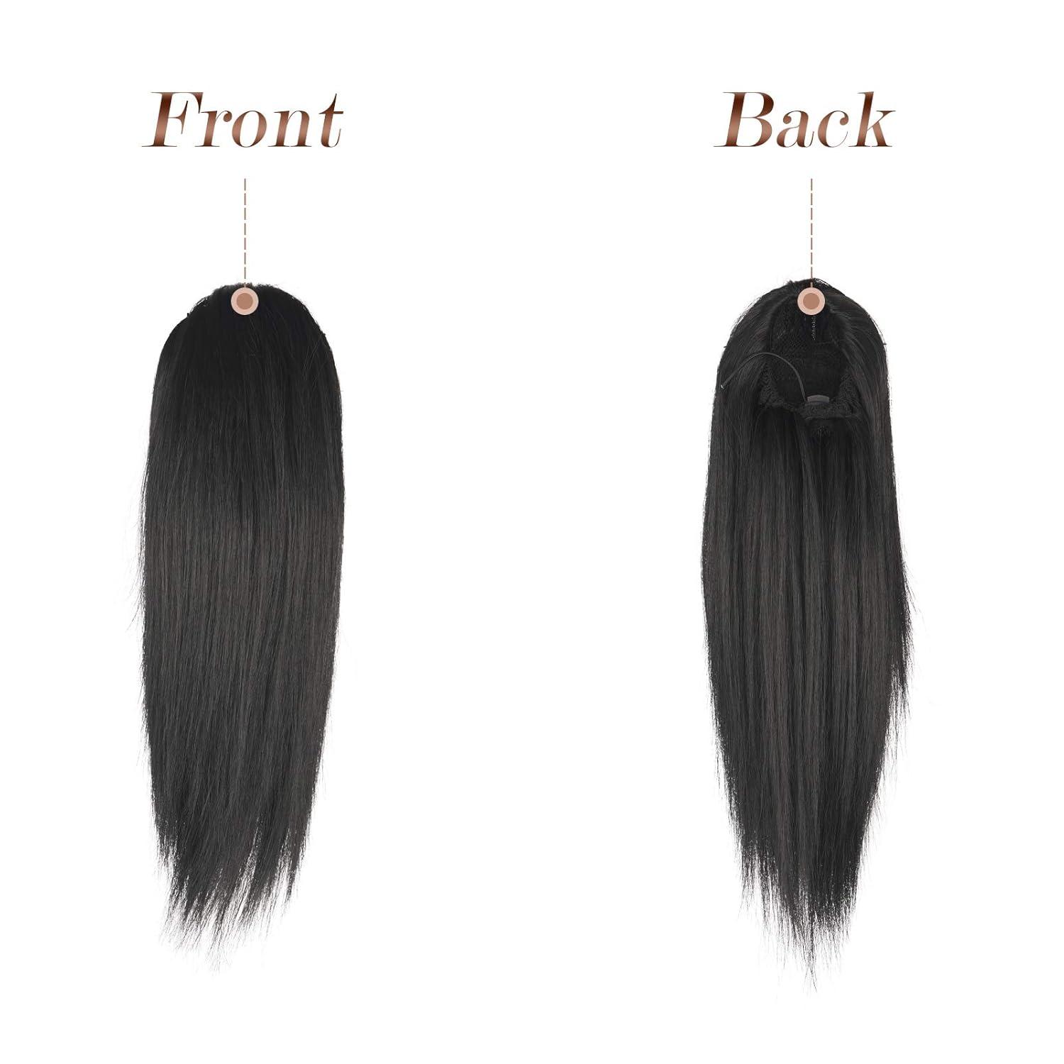 imageFESHFEN Straight Ponytail Extensions Long Drawstring Natural Synthetic Pony Tail Hair Pieces Clip in Ponytails Hairpieces for Women Natural Black 12 inch