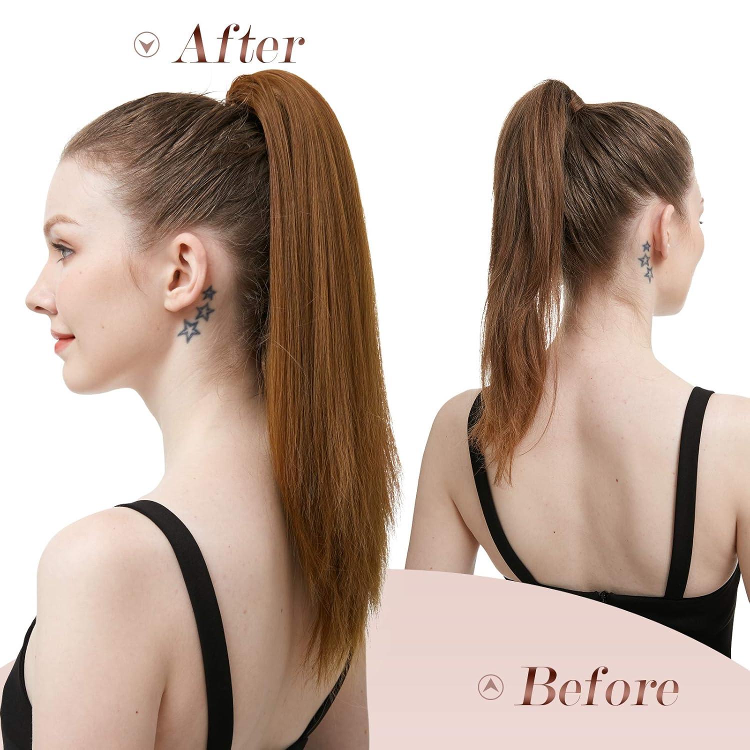imageFESHFEN Straight Ponytail Extensions Long Drawstring Natural Synthetic Pony Tail Hair Pieces Clip in Ponytails Hairpieces for Women Natural Black 12 inch