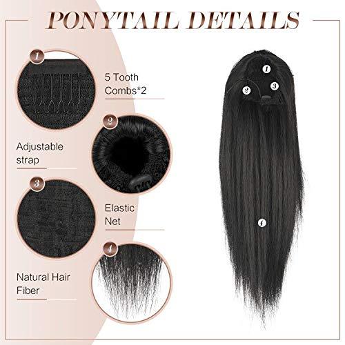 imageFESHFEN Straight Ponytail Extensions Long Drawstring Natural Synthetic Pony Tail Hair Pieces Clip in Ponytails Hairpieces for Women Natural Black 12 inch