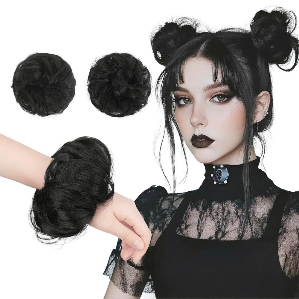 imageFESHFEN 2PCs Small Messy Bun Hair Piece for Thin Hair Women Girl Mini Synthetic Elastic Wavy Spacebun Scrunchies Updo Hairpieces Dirty BlondeBlack