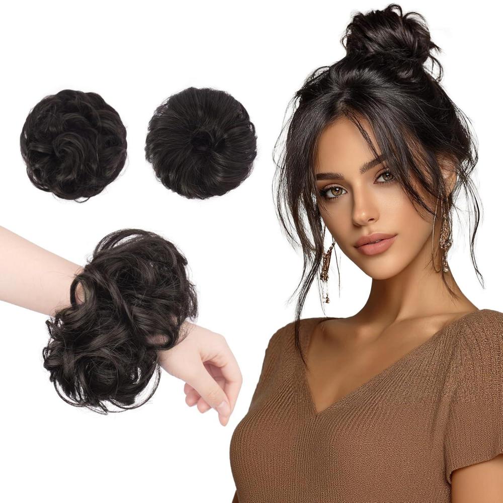 imageFESHFEN 2PCs Small Messy Bun Hair Piece for Thin Hair Women Girl Mini Synthetic Elastic Wavy Spacebun Scrunchies Updo Hairpieces Dirty BlondeBlack Brown