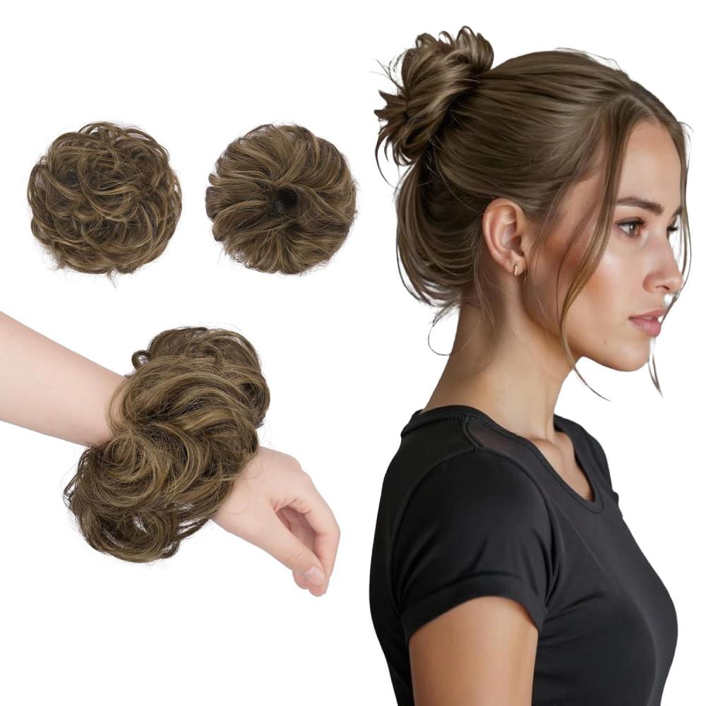 imageFESHFEN 2PCs Small Messy Bun Hair Piece for Thin Hair Women Girl Mini Synthetic Elastic Wavy Spacebun Scrunchies Updo Hairpieces Dirty BlondeBrown mix Blonde