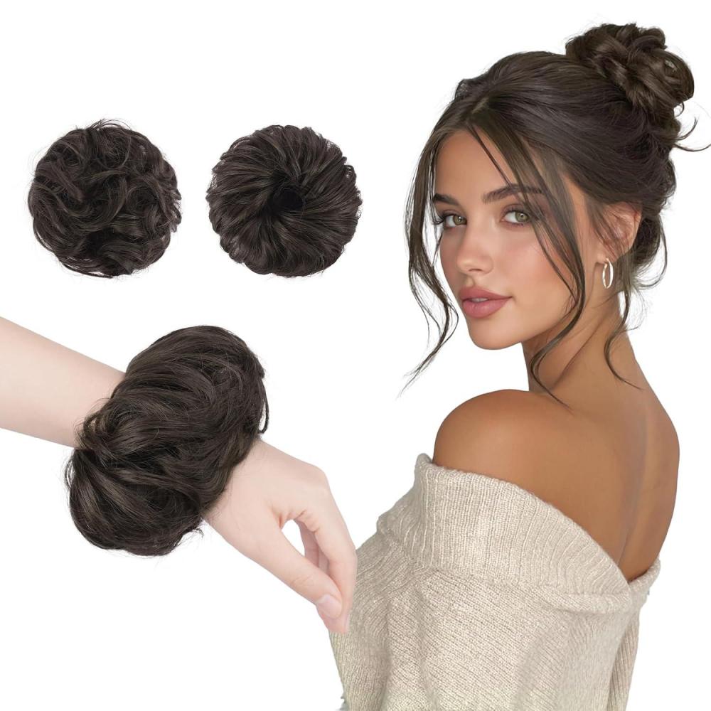 imageFESHFEN 2PCs Small Messy Bun Hair Piece for Thin Hair Women Girl Mini Synthetic Elastic Wavy Spacebun Scrunchies Updo Hairpieces Dirty BlondeDark Brown