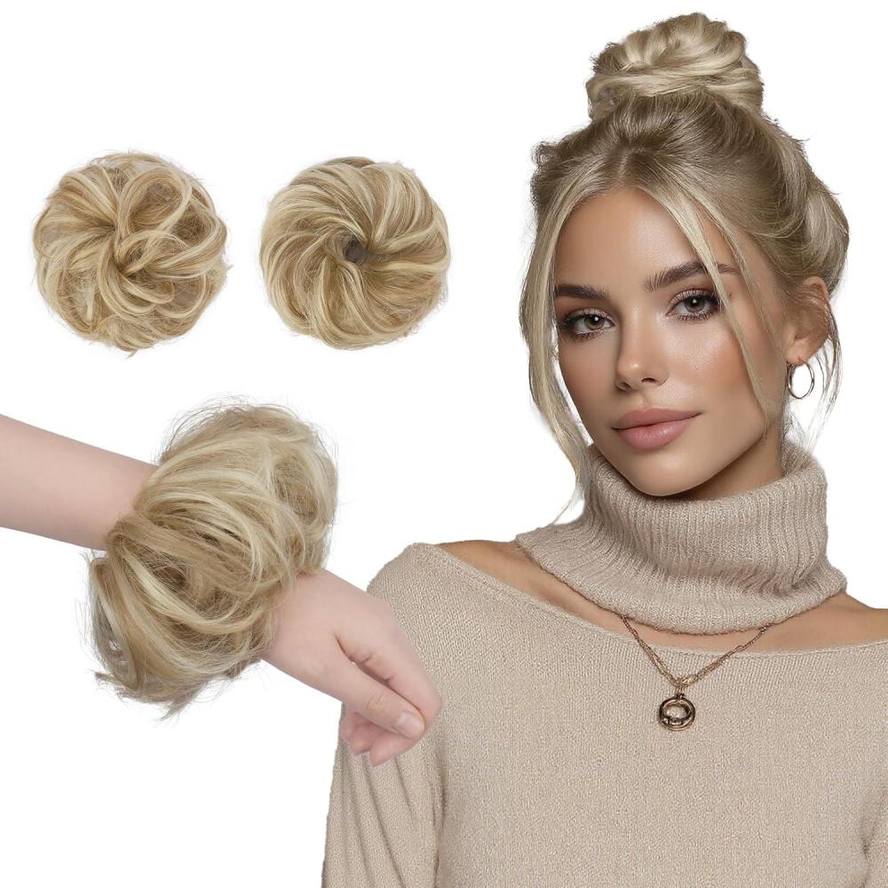 imageFESHFEN 2PCs Small Messy Bun Hair Piece for Thin Hair Women Girl Mini Synthetic Elastic Wavy Spacebun Scrunchies Updo Hairpieces Dirty BlondeDirty Blonde