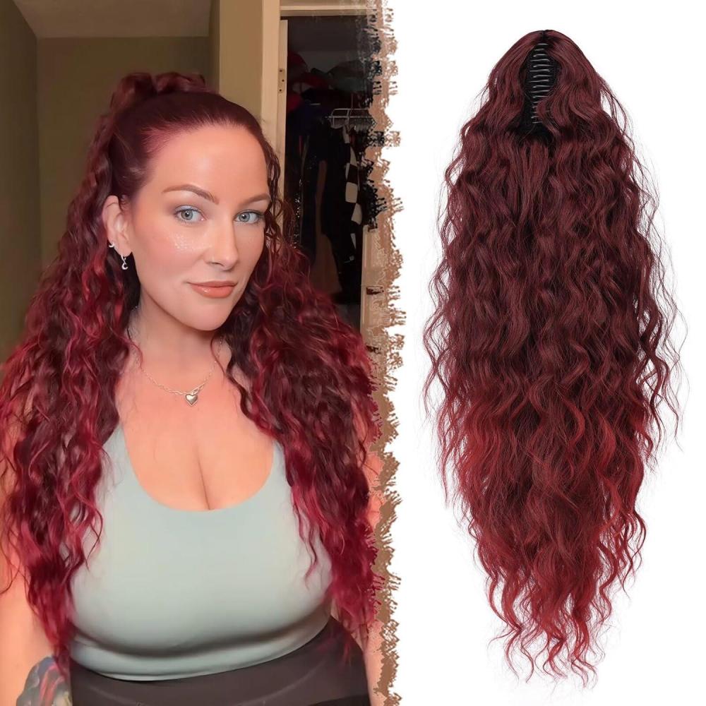 imageFESHFEN Claw Clip Ponytail Extensions  Long Pony Tail Hair Piece Wavy Curly Synthetic Hairpieces for Women Dark Brown 26 inch1BTBUG Black Ombre Red