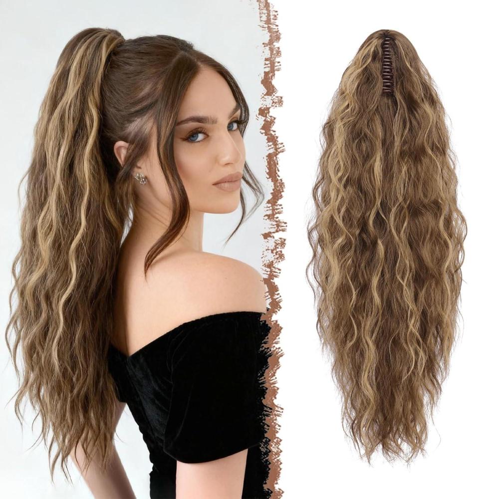 imageFESHFEN Claw Clip Ponytail Extensions Long Pony Tail Hair Piece Wavy Curly Synthetic Hairpieces for Women Dark Brown 26 inch22H10 Brown Mixed Blonde