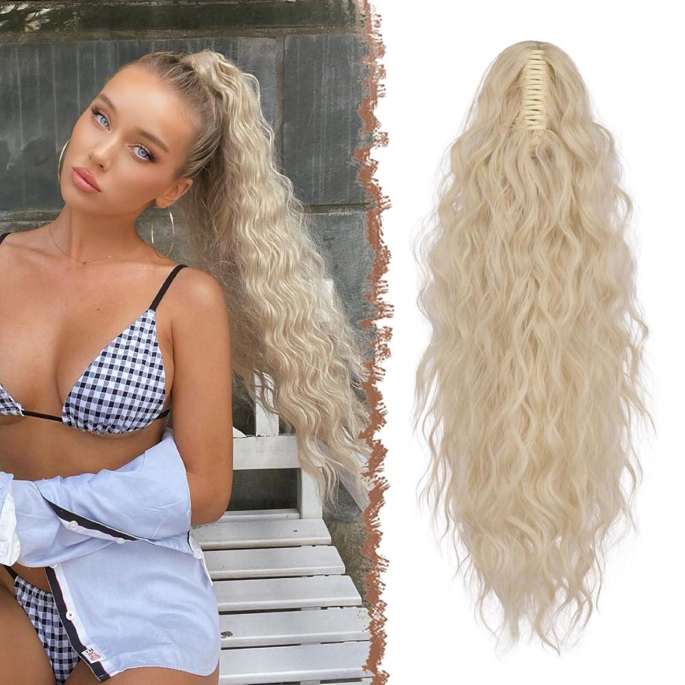 imageFESHFEN Claw Clip Ponytail Extensions Long Pony Tail Hair Piece Wavy Curly Synthetic Hairpieces for Women Dark Brown 26 inch2460 Platinum Blonde