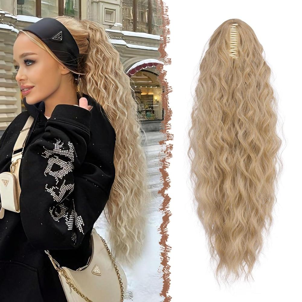 imageFESHFEN Claw Clip Ponytail Extensions Long Pony Tail Hair Piece Wavy Curly Synthetic Hairpieces for Women Dark Brown 26 inch27613A Mixed Blonde