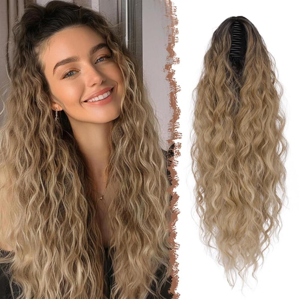 imageFESHFEN Claw Clip Ponytail Extensions  Long Pony Tail Hair Piece Wavy Curly Synthetic Hairpieces for Women Dark Brown 26 inch627T613 Ombre Brown Mix Blonde