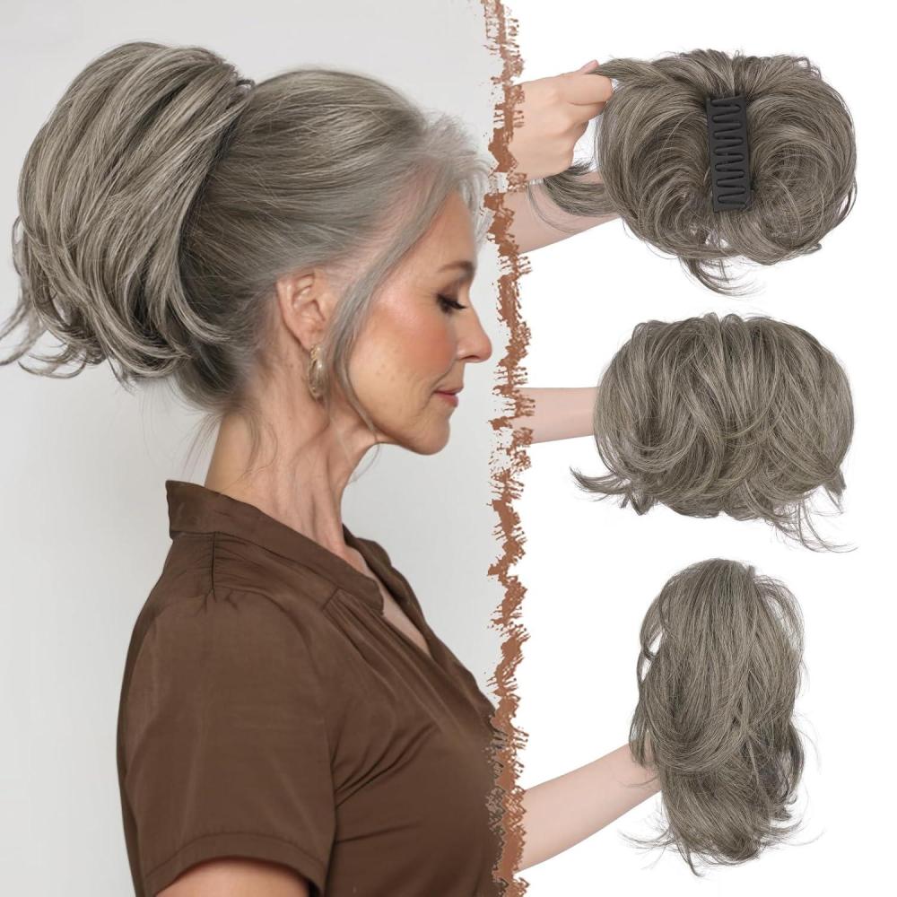 imageFESHFEN Claw Clip Short Ponytail Extensions DIY Bendable Metals Fluffy Messy Bun Hair Piece Straight Synthetic Hairpieces Ponytail Extension for Women Black Gray and White Tips6A88A02D Salt and Pepper