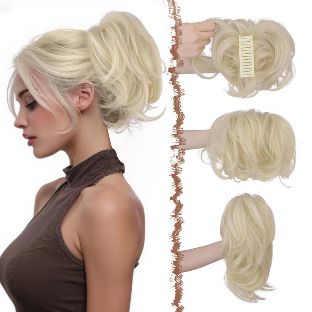 imageFESHFEN Claw Clip Short Ponytail Extensions DIY Bendable Metals Fluffy Messy Bun Hair Piece Straight Synthetic Hairpieces Ponytail Extension for Women Black Gray and White Tips2761330 Platinum Blonde