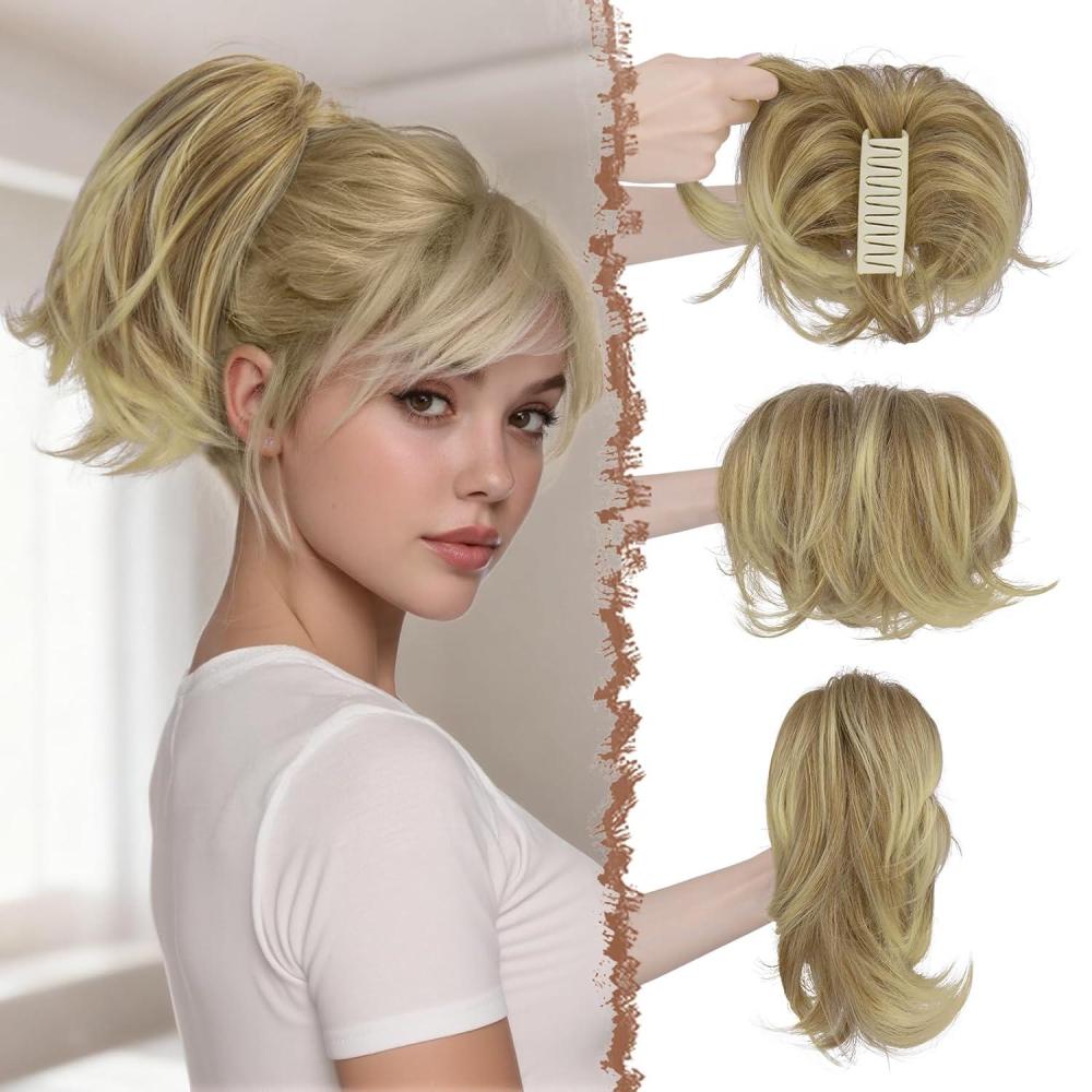 imageFESHFEN Claw Clip Short Ponytail Extensions  DIY Bendable Metals Fluffy Messy Bun Hair Piece Straight Synthetic Hairpieces Ponytail Extension for Women Black Gray and White Tips27T613A Mix Blonde