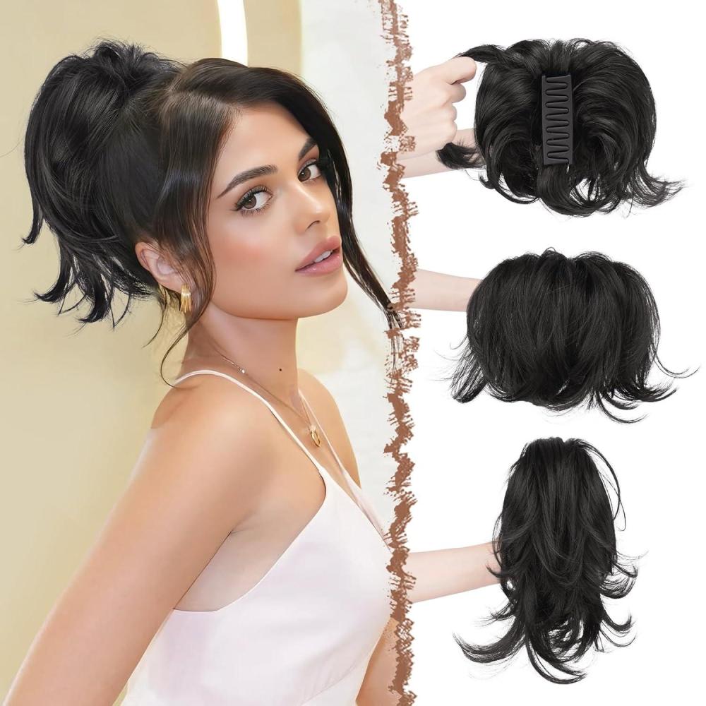 imageFESHFEN Claw Clip Short Ponytail Extensions  DIY Bendable Metals Fluffy Messy Bun Hair Piece Straight Synthetic Hairpieces Ponytail Extension for Women Black Gray and White Tips2 Natural Black
