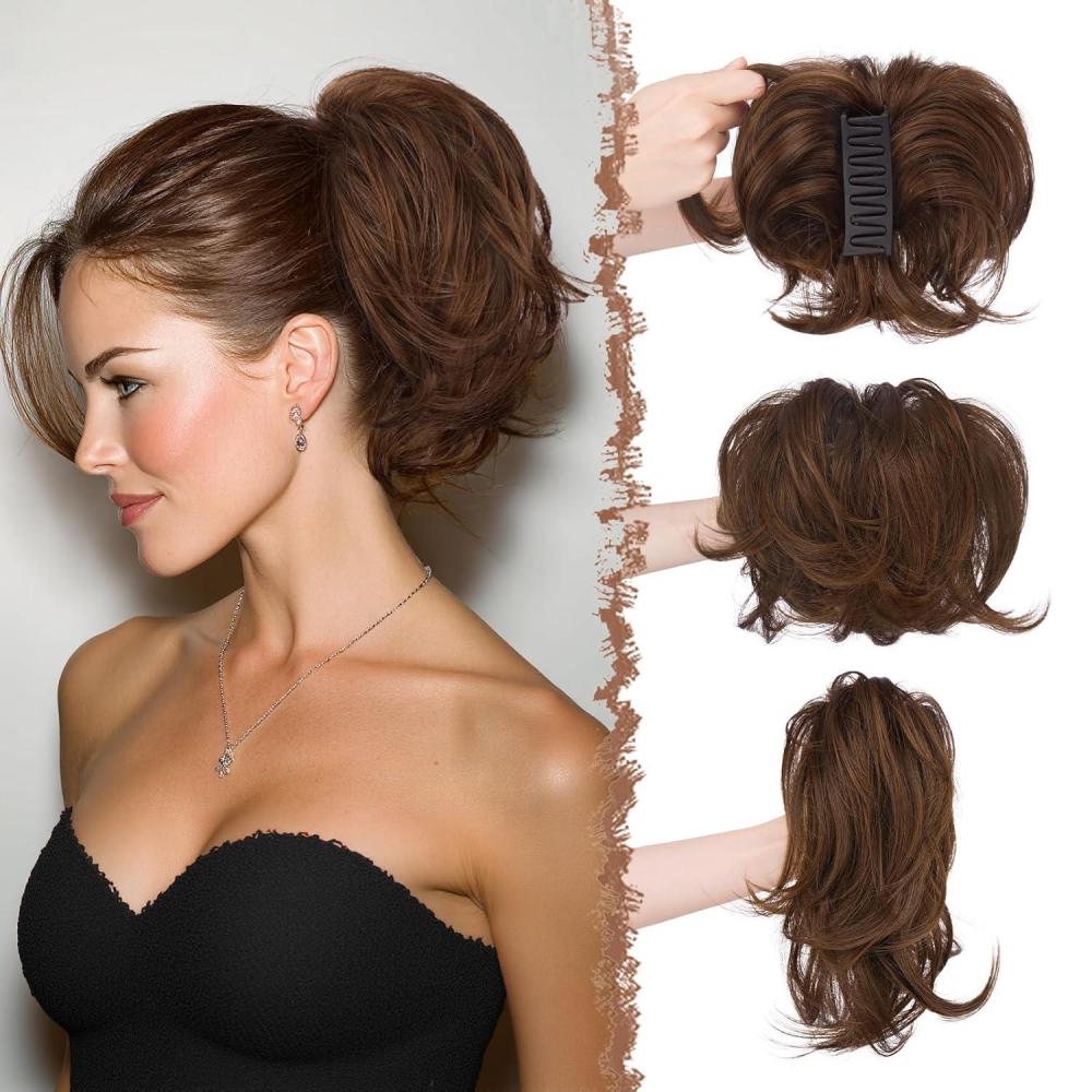 imageFESHFEN Claw Clip Short Ponytail Extensions  DIY Bendable Metals Fluffy Messy Bun Hair Piece Straight Synthetic Hairpieces Ponytail Extension for Women Black Gray and White Tips4H30 Dark Brown mix Auburn