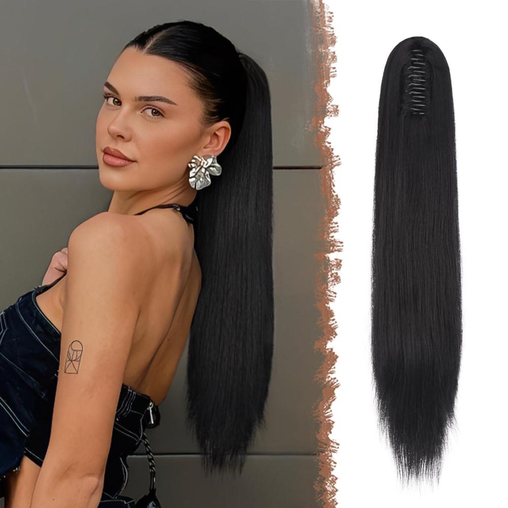 imageFESHFEN Claw Ponytail Extensions Long Straight Ponytails for Women Hairpieces Synthetic Hair Pony Tails Extension Clip in Hairpiece 25 inch Dirty BlondeOff Black