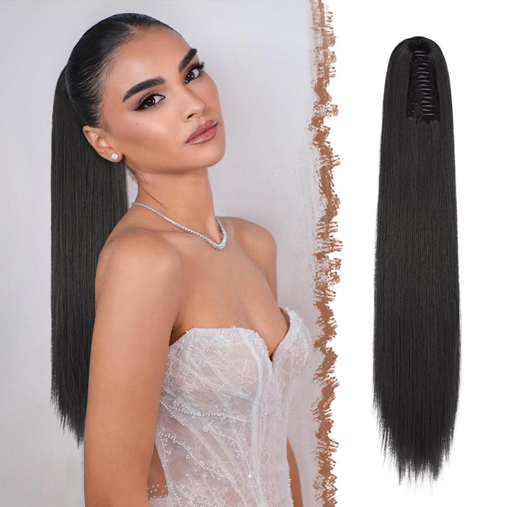 imageFESHFEN Claw Ponytail Extensions Long Straight Ponytails for Women Hairpieces Synthetic Hair Pony Tails Extension Clip in Hairpiece 25 inch Dirty BlondeNatural Black