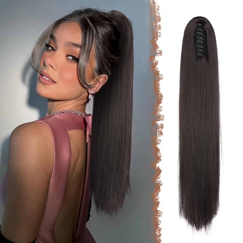 imageFESHFEN Claw Ponytail Extensions  Long Straight Ponytails for Women Hairpieces Synthetic Hair Pony Tails Extension Clip in Hairpiece 25 inch Dirty BlondeDark Brown