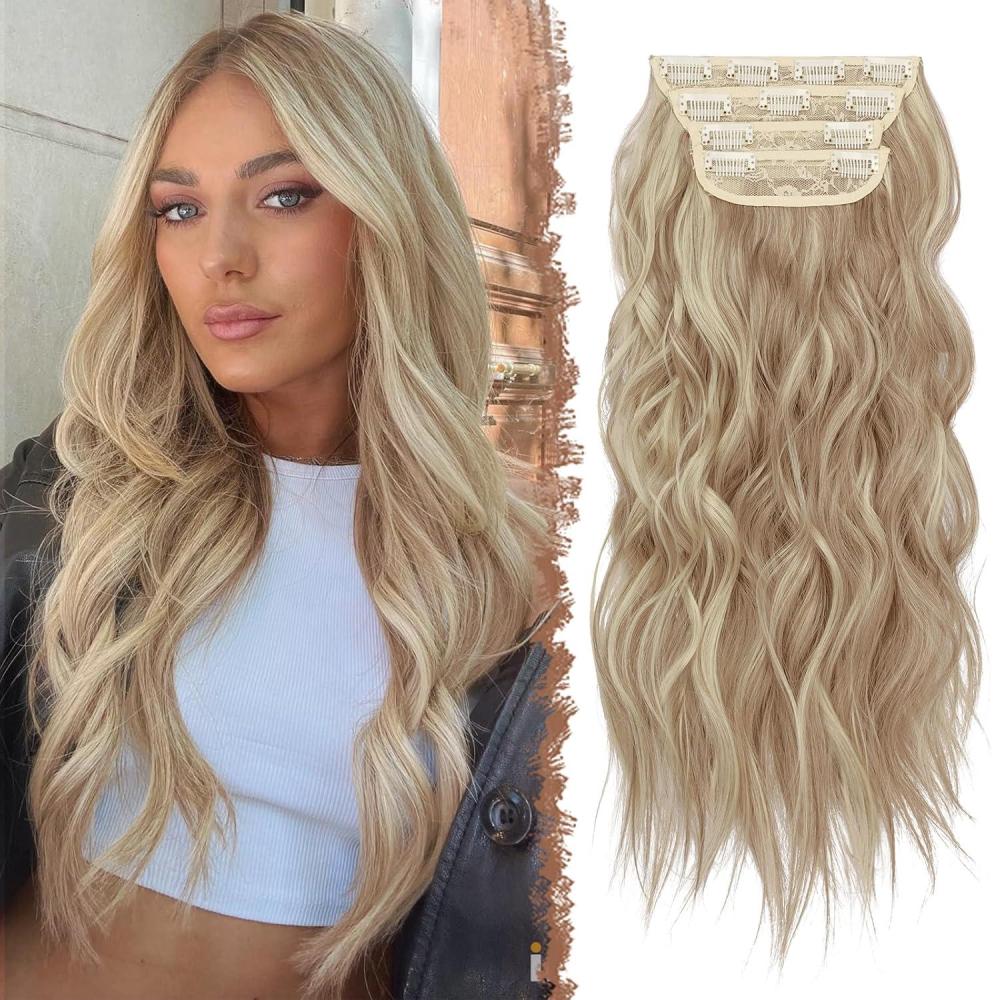 imageFESHFEN Clip in Hair Extensions 4 PCS Long Wavy Thick Clip in Hairpieces Full Head Natural Soft Synthetic Hair Extension for Women Black 20 Inch12H15 Caramel Brown Mixed Beige Blonde