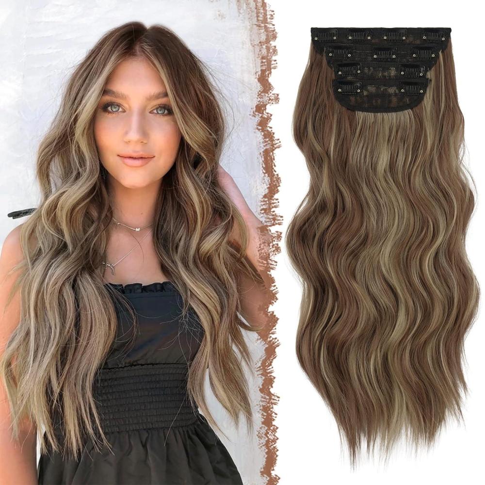 imageFESHFEN Clip in Hair Extensions 4 PCS Long Wavy Thick Clip in Hairpieces Full Head Natural Soft Synthetic Hair Extension for Women Black 20 Inch12H24 Reddish Brown Mixed Ash Blonde