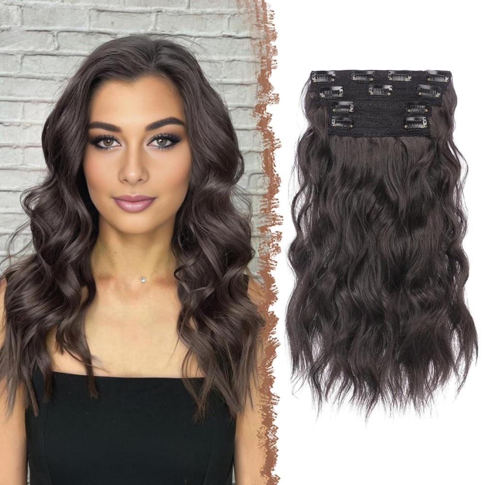 imageFESHFEN Clip in Hair Extensions 4 PCS Long Wavy Thick Clip in Hairpieces Full Head Natural Soft Synthetic Hair Extension for Women Black 20 Inch2 Natural Black