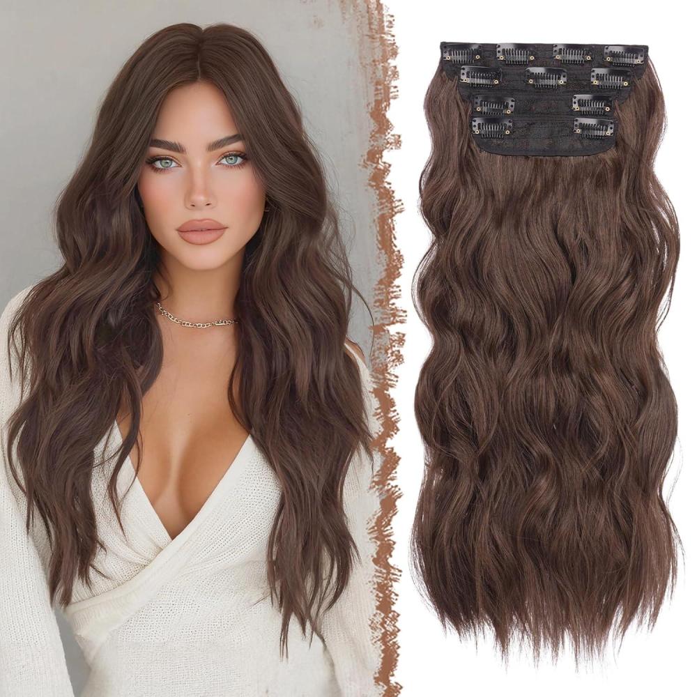 imageFESHFEN Clip in Hair Extensions  4 PCS Long Wavy Thick Clip in Hairpieces Full Head Natural Soft Synthetic Hair Extension for Women Black 20 Inch412 Chocolate Brown