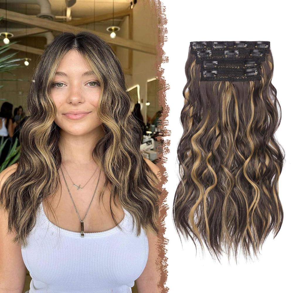 imageFESHFEN Clip in Hair Extensions  4 PCS Long Wavy Thick Clip in Hairpieces Full Head Natural Soft Synthetic Hair Extension for Women Black 20 Inch4AH26 Brown Highlighted Caramel Blonde