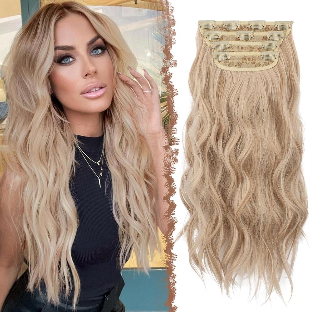 imageFESHFEN Clip in Hair Extensions 4 PCS Long Wavy Thick Clip in Hairpieces Full Head Natural Soft Synthetic Hair Extension for Women Black 20 InchH2260 Light Honey Blonde