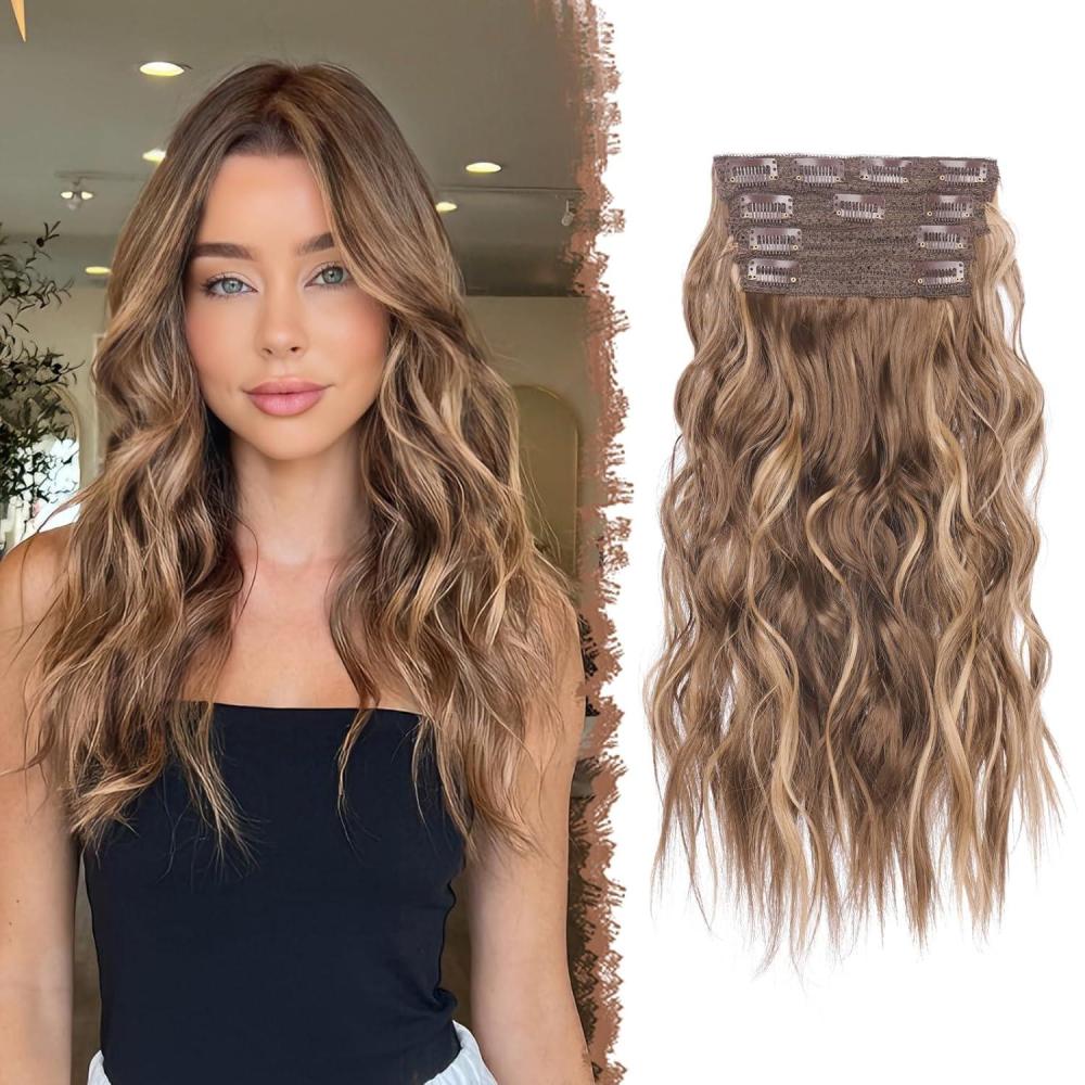imageFESHFEN Clip in Hair Extensions 4PCs Long Wavy Curly Thick Hairpieces Full Head Natural Synthetic Extension for Women 16 Inch Honey Blonde Mixed Light Brown