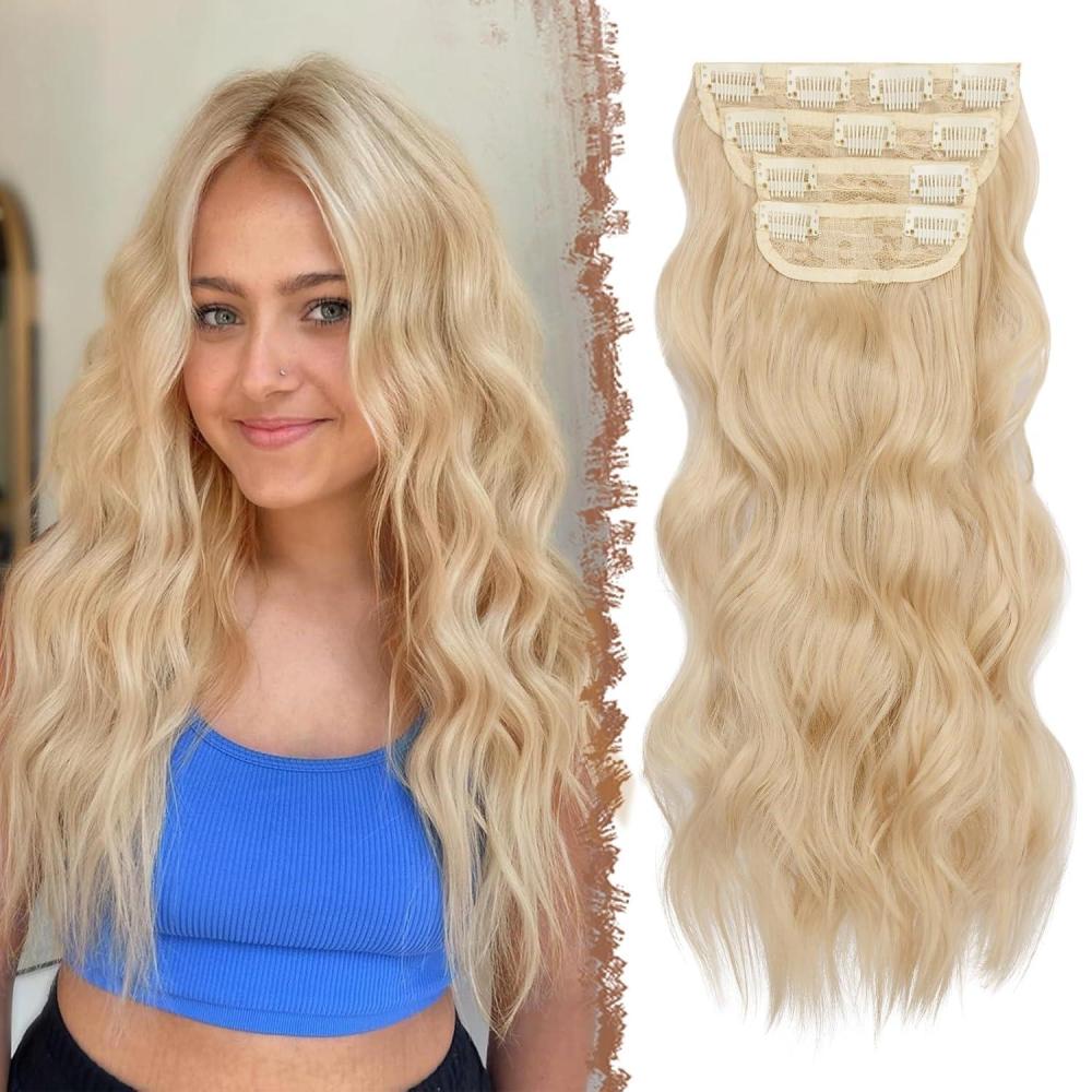 imageFESHFEN Clip in Hair Extensions 4PCs Long Wavy Curly Thick Hairpieces Full Head Natural Synthetic Extension for Women 16 Inch Light Beige Blonde Mix Cream BlondeLight Blonde