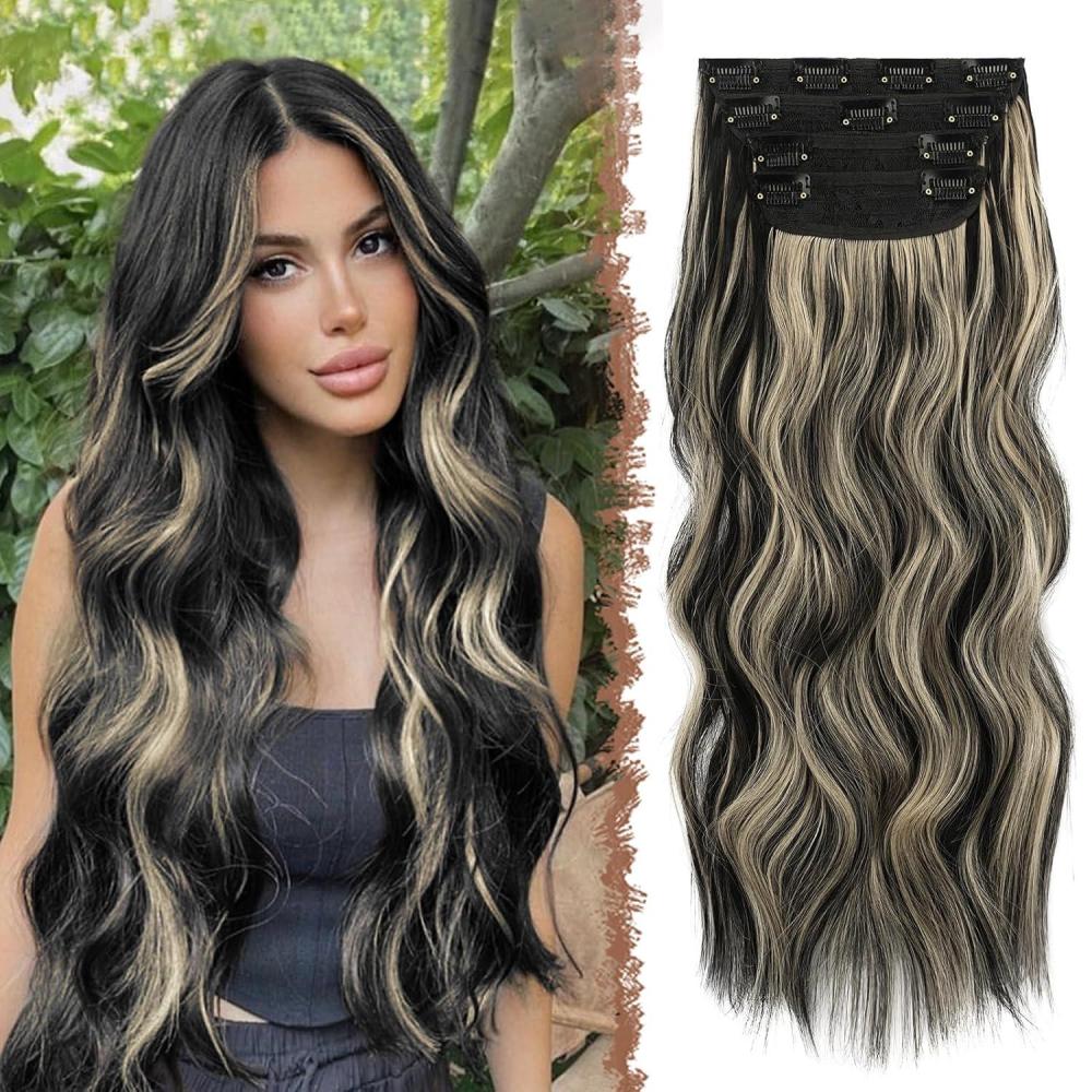 imageFESHFEN Clip in Hair Extensions 4PCs Long Wavy Curly Thick Hairpieces Full Head Natural Synthetic Extension for Women 16 Inch Light Beige Blonde Mix Cream BlondeBlack Highlighted Blonde