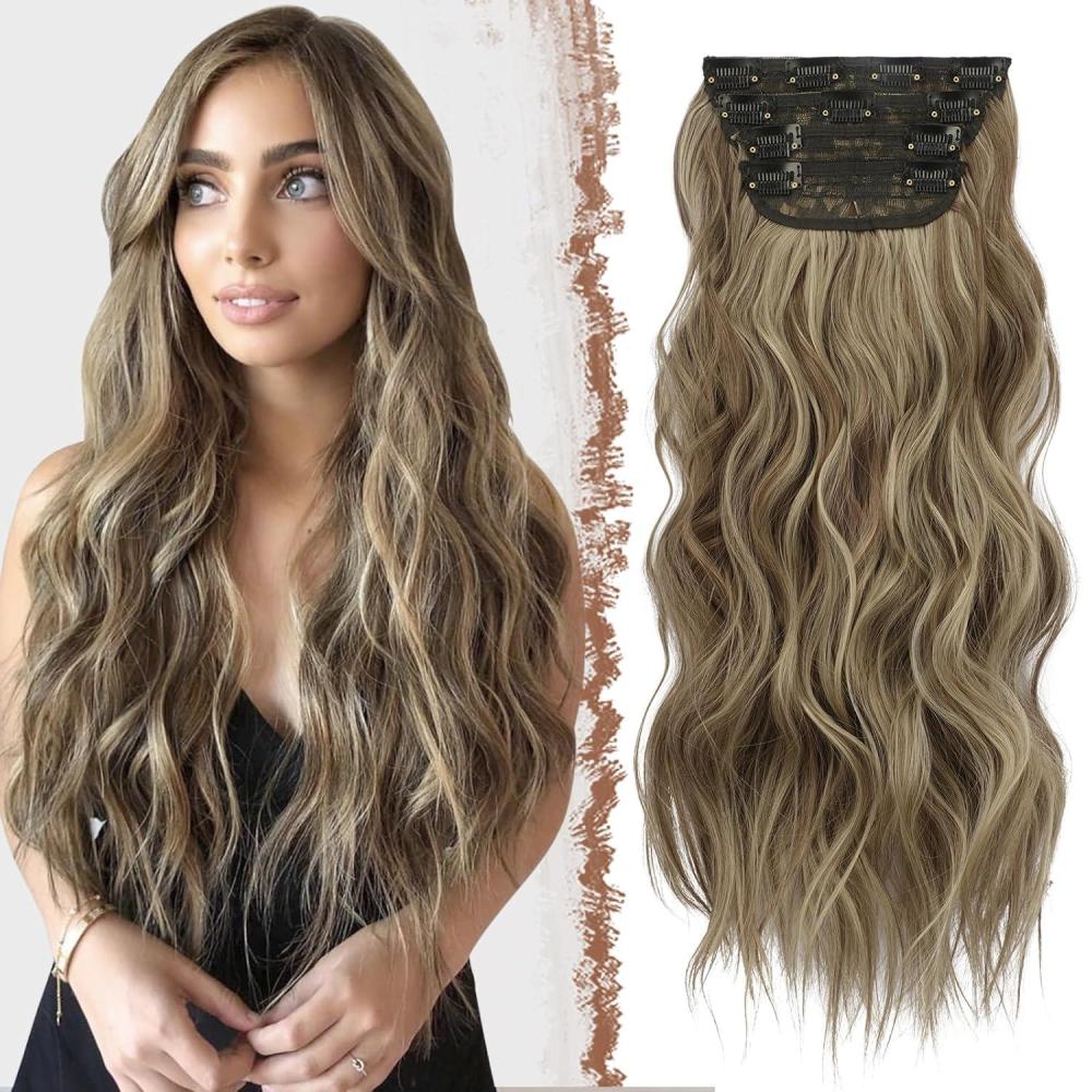 imageFESHFEN Clip in Hair Extensions 4PCs Long Wavy Curly Thick Hairpieces Full Head Natural Synthetic Extension for Women 16 Inch Light Beige Blonde Mix Cream BlondeP8AC18 Caramel Brown Mixed Ash Blonde