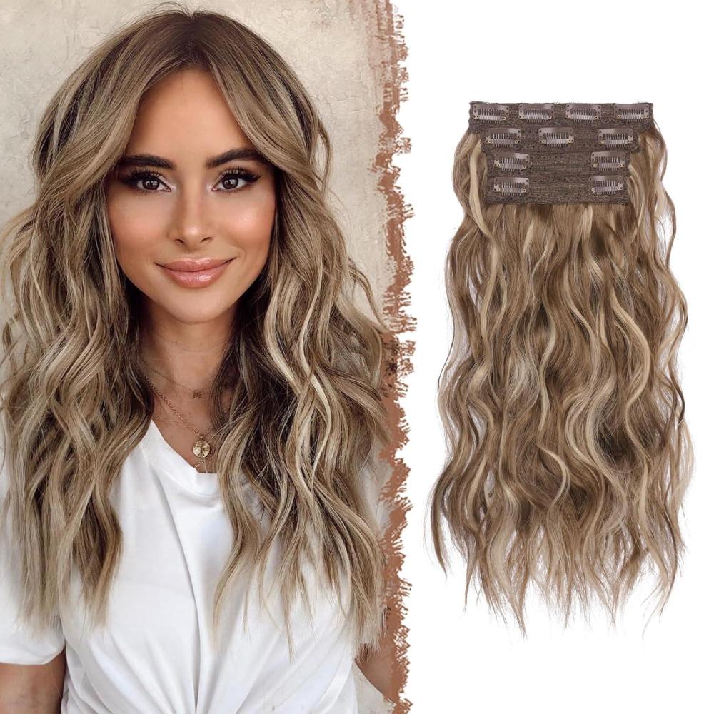 imageFESHFEN Clip in Hair Extensions 4PCs Long Wavy Curly Thick Hairpieces Full Head Natural Synthetic Extension for Women 16 Inch Natural Black18H24 Brunette Mixed Ash Blonde
