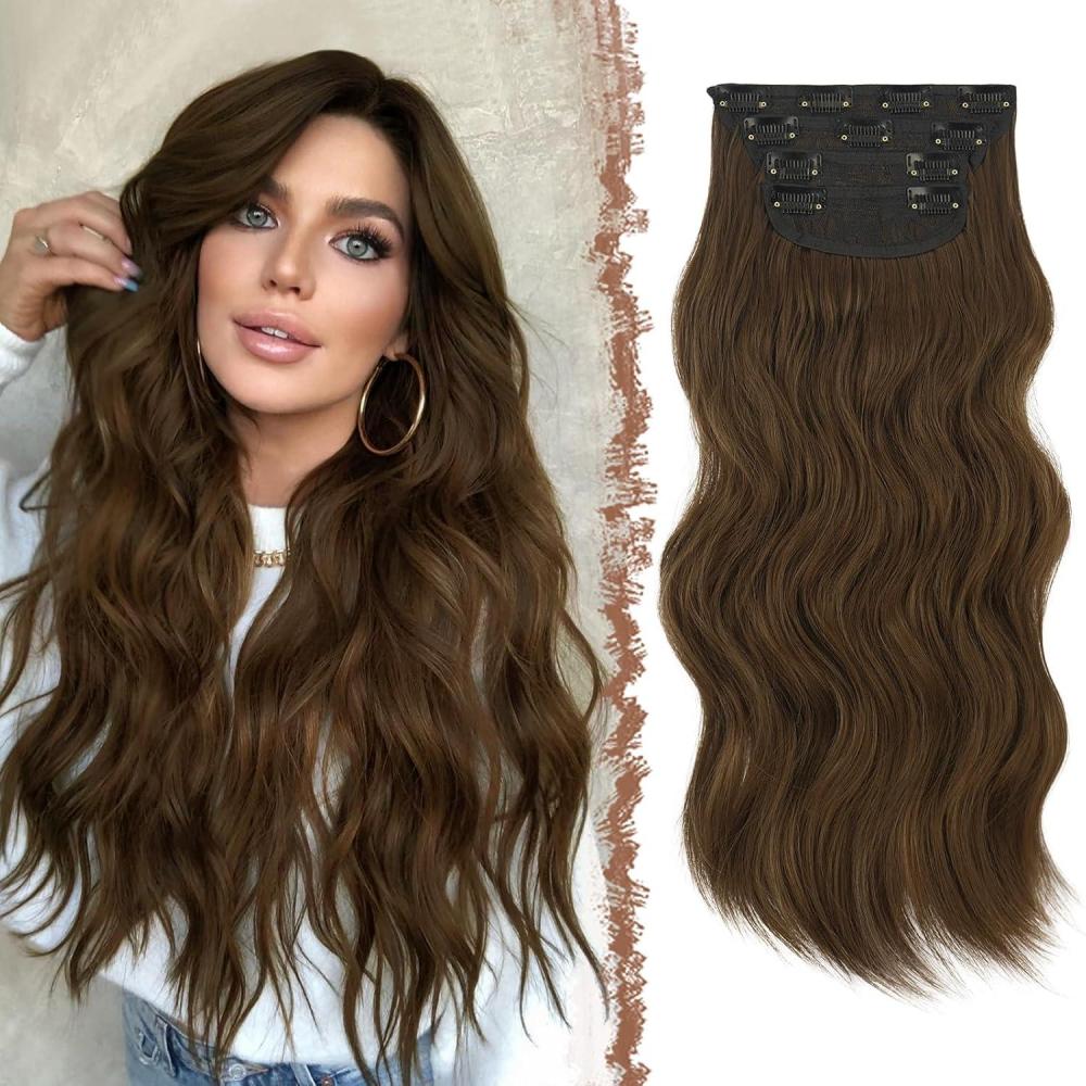 imageFESHFEN Clip in Hair Extensions 4PCs Long Wavy Curly Thick Hairpieces Full Head Natural Synthetic Extension for Women 16 Inch Natural Black810 Chestnut Brown