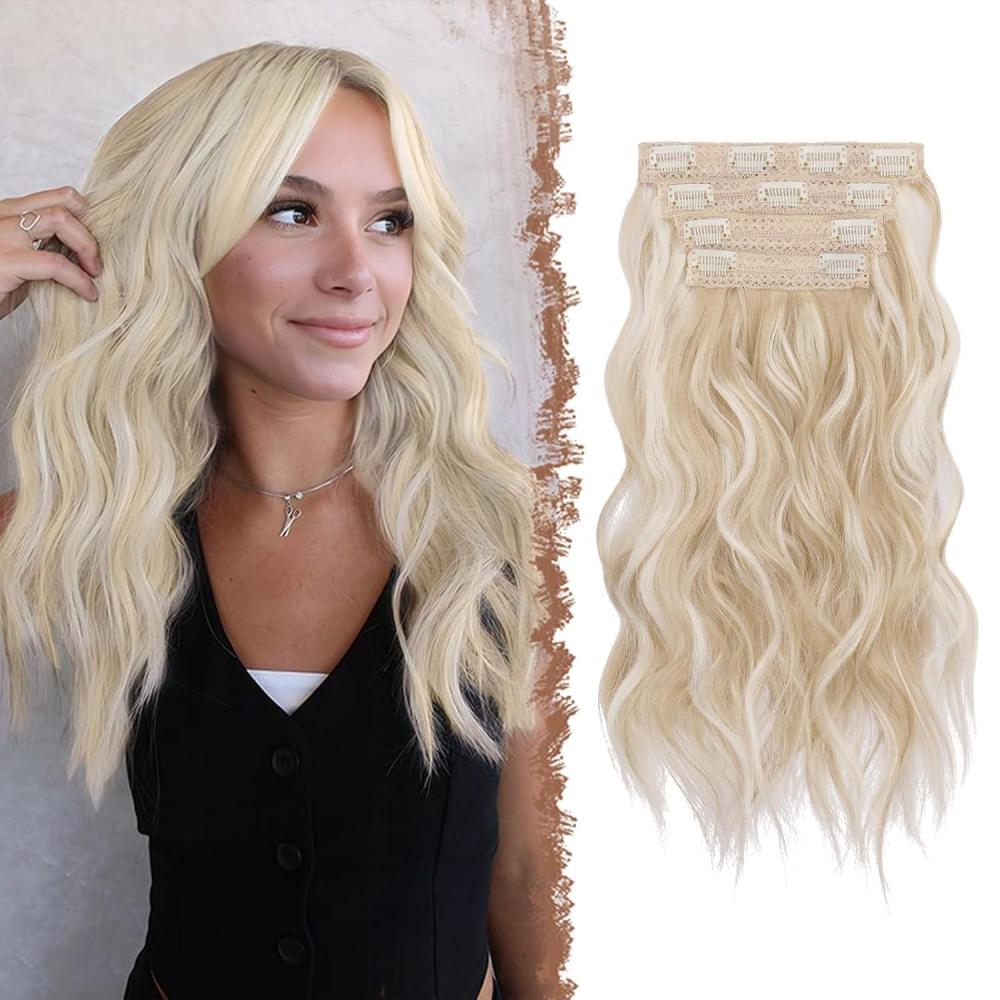 imageFESHFEN Clip in Hair Extensions 4PCs Long Wavy Curly Thick Hairpieces Full Head Natural Synthetic Extension for Women 16 Inch Natural BlackP85613 Light Beige Blonde Mix Cream Blonde