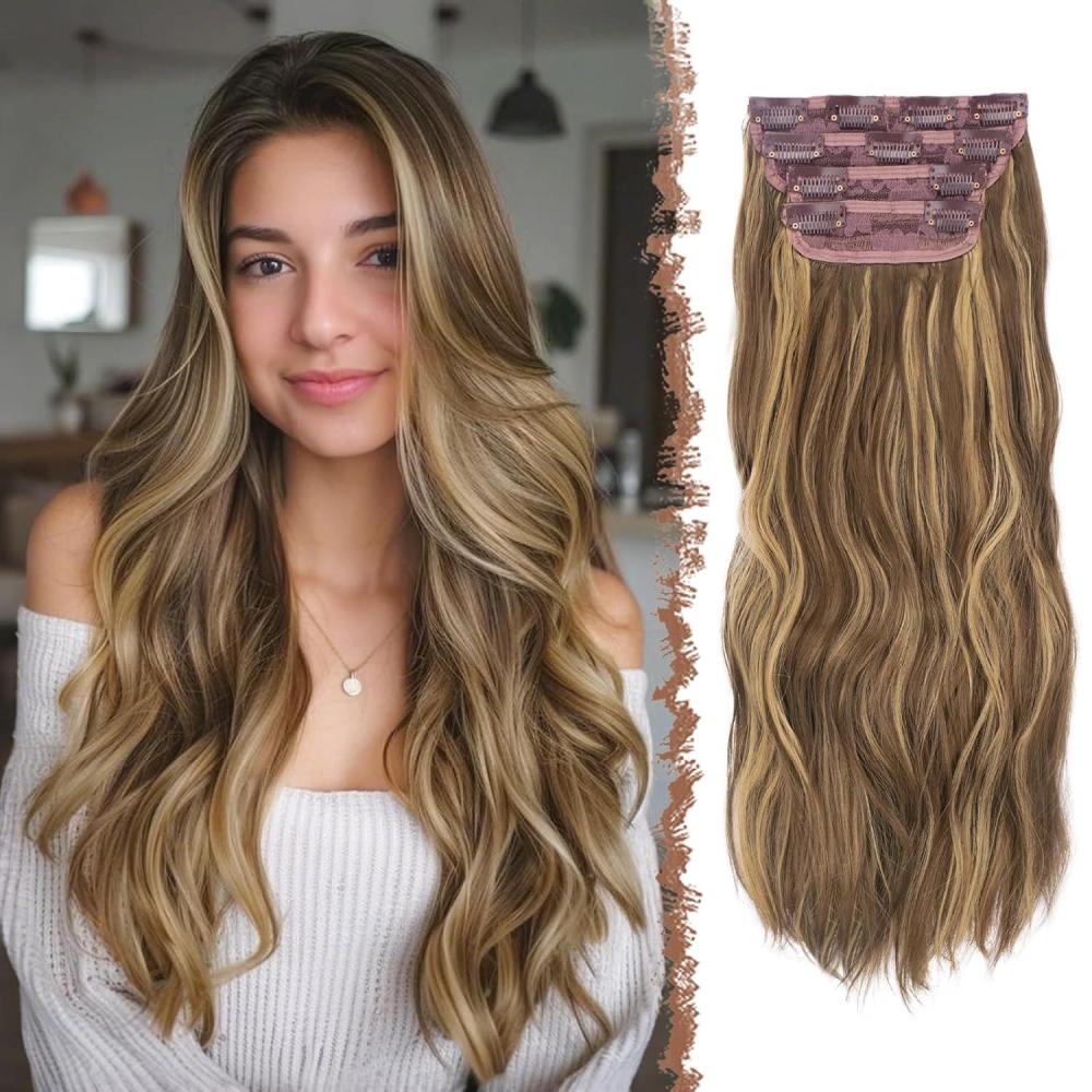 imageFESHFEN Clip in Hair Extensions for Women  4 Pcs Thick Double Weft Long Wavy Soft Synthetic Blends Well Hair Extension 20 inch Dirty Blonde22H10 Golden Brown  Blonde4PCS