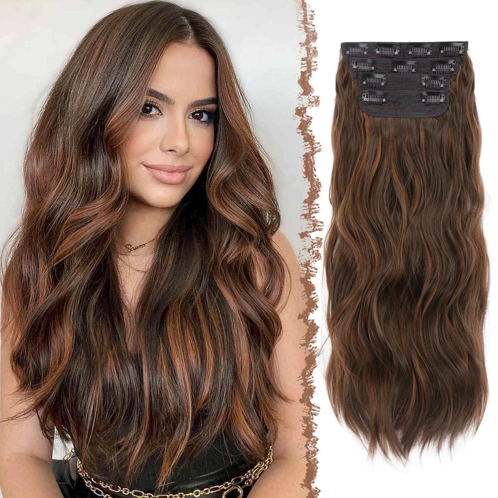 imageFESHFEN Clip in Hair Extensions for Women  4 Pcs Thick Double Weft Long Wavy Soft Synthetic Blends Well Hair Extension 20 inch Dirty Blonde4H30 Black Brown  Auburn4PCS