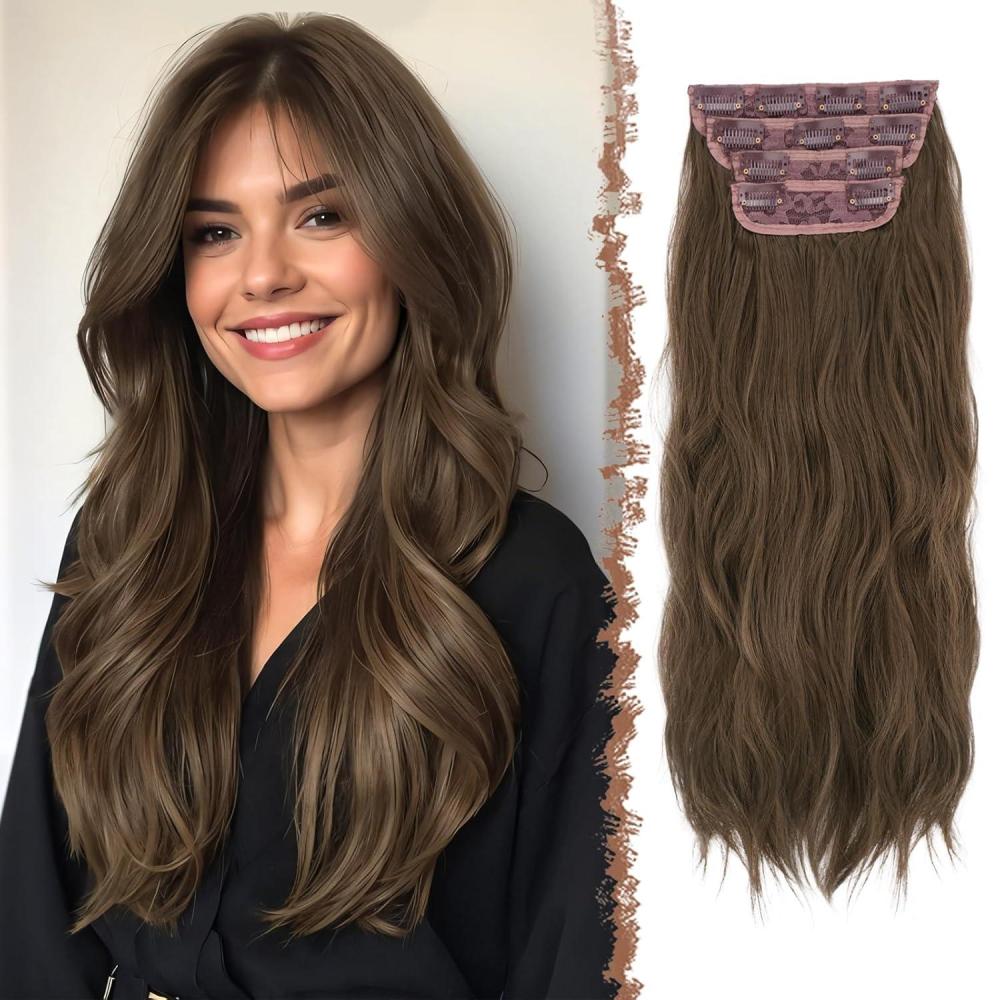 imageFESHFEN Clip in Hair Extensions for Women  4 Pcs Thick Double Weft Long Wavy Soft Synthetic Blends Well Hair Extension 20 inch Dirty Blonde810 Chestnut Brown4PCS