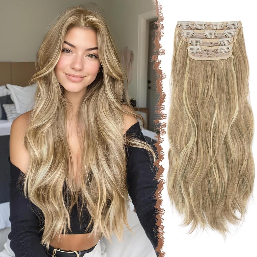 imageFESHFEN Clip in Hair Extensions for Women  4 Pcs Thick Double Weft Long Wavy Soft Synthetic Blends Well Hair Extension 20 inch Dirty BlondeCaramel Brown  Beige Blonde4PCS