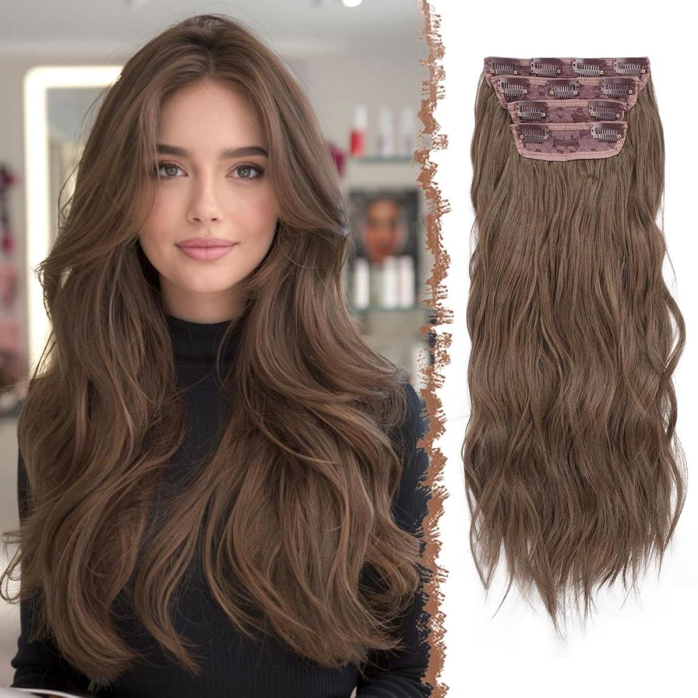 imageFESHFEN Clip in Hair Extensions for Women  4 Pcs Thick Double Weft Long Wavy Soft Synthetic Blends Well Hair Extension 20 inch Dirty BlondeGolden Brown4PCS