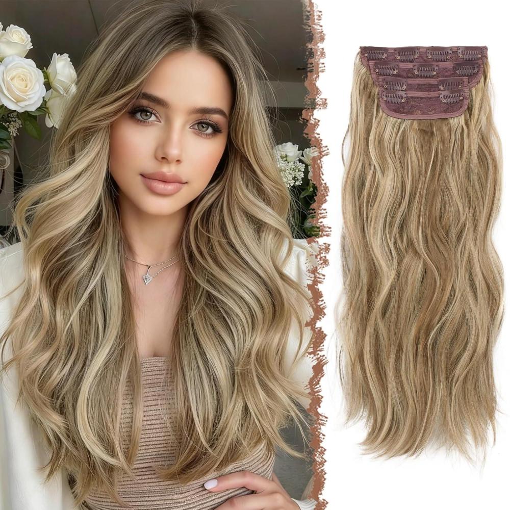 imageFESHFEN Clip in Hair Extensions for Women  4 Pcs Thick Double Weft Long Wavy Soft Synthetic Blends Well Hair Extension 20 inch Dirty BlondeLight Brown  Mixed Blonde4PCS