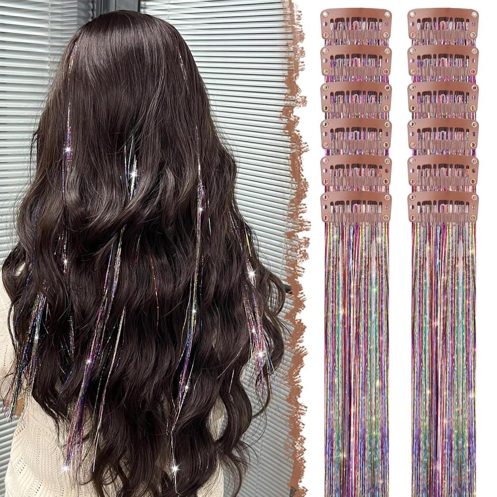 imageFESHFEN Clip in Hair Tinsel 12 PCS Skyblue Clip ins Glitter Tinsel Hair Extensions Sparkle Fairy Dazzle Blue Colorful Accessories Kit for Women 20 InchColorful 12 PCS