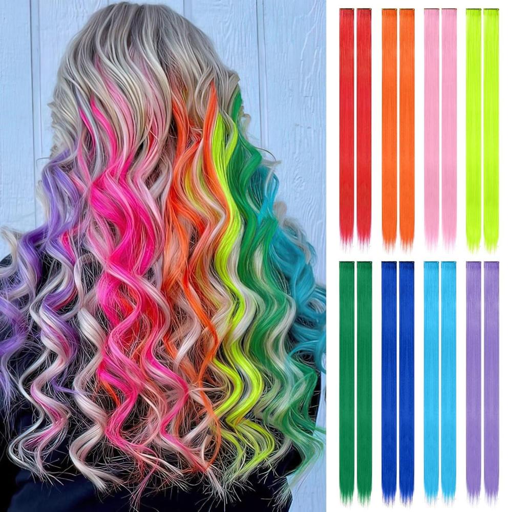 imageFESHFEN Clip in Hair Tinsel  12 PCS Skyblue Clip ins Glitter Tinsel Hair Extensions Sparkle Fairy Dazzle Blue Colorful Accessories Kit for Women 20 Inch8 Colors 16 PCS