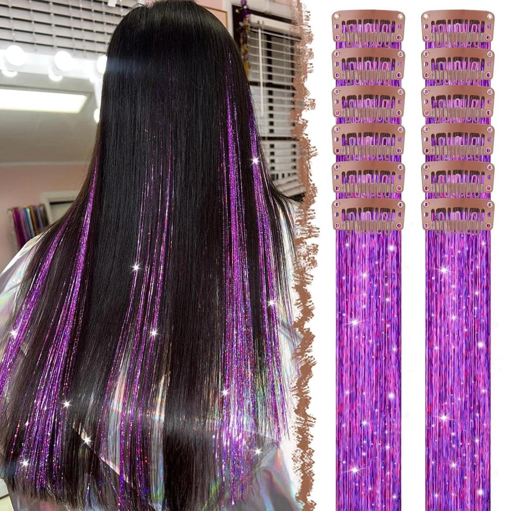 imageFESHFEN Clip in Hair Tinsel  12 PCS Skyblue Clip ins Glitter Tinsel Hair Extensions Sparkle Fairy Dazzle Blue Colorful Accessories Kit for Women 20 InchLilac Purple 12 PCS