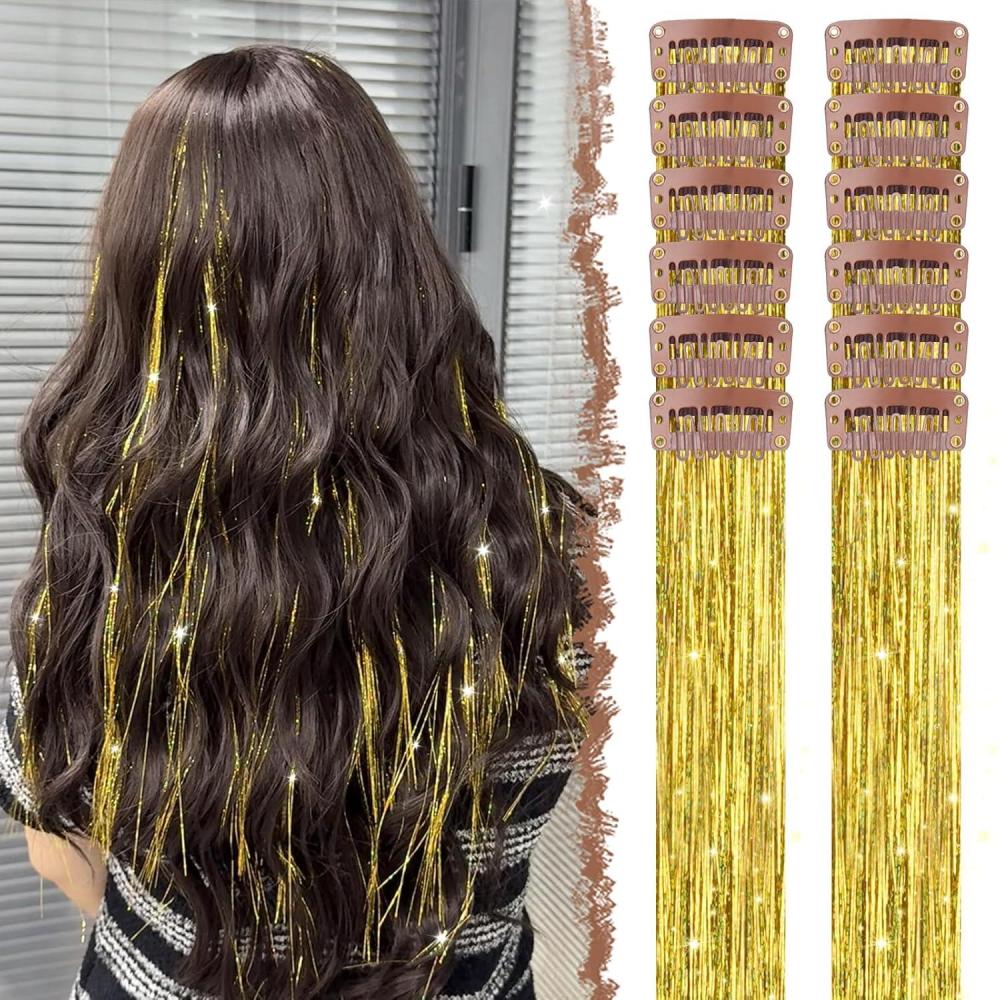 imageFESHFEN Clip in Hair Tinsel  12 PCS Skyblue Clip ins Glitter Tinsel Hair Extensions Sparkle Fairy Dazzle Blue Colorful Accessories Kit for Women 20 InchGold 12 PCS