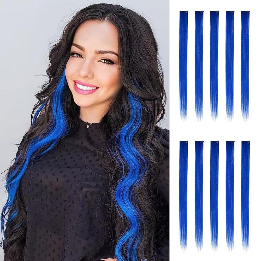 imageFESHFEN Clip in Hair Tinsel  12 PCS Skyblue Clip ins Glitter Tinsel Hair Extensions Sparkle Fairy Dazzle Blue Colorful Accessories Kit for Women 20 Inch10 PCS Dark Blue