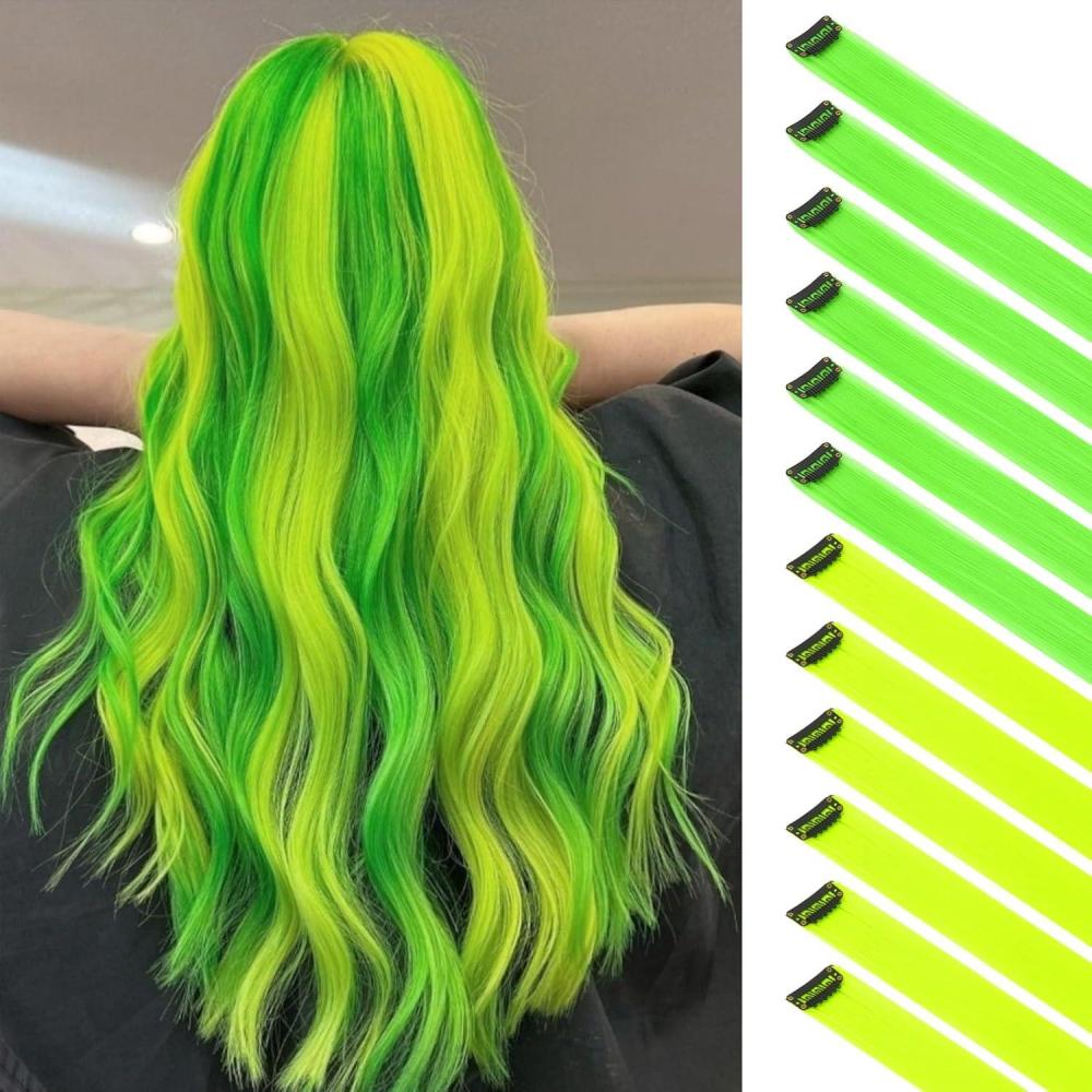 imageFESHFEN Clip in Hair Tinsel  12 PCS Skyblue Clip ins Glitter Tinsel Hair Extensions Sparkle Fairy Dazzle Blue Colorful Accessories Kit for Women 20 InchGreen  Yellow 12 PCS