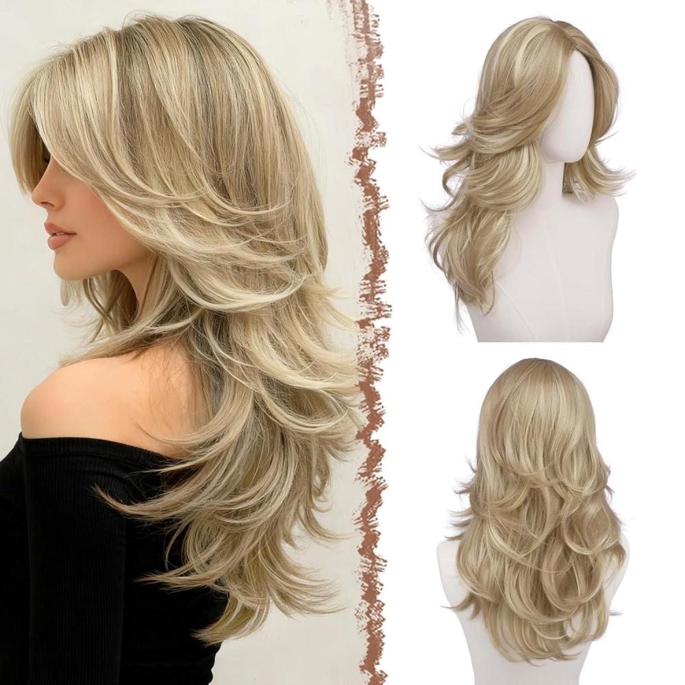 imageFESHFEN Dirty Blonde Wavy Layered Wig with Curtain Bangs for Women 22 Inch Long Synthetic Natural Looking Middle Part Hair Wig For Costume Party Daily Use