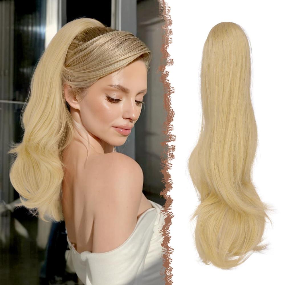 imageFESHFEN Drawstring Ponytail Extension Natural Long Wavy Layered Synthetic Pony Tails Honey Blonde Mixed Light Brown Hair Extensions Hairpieces for Women 20 inch18613 Champagne Blonde