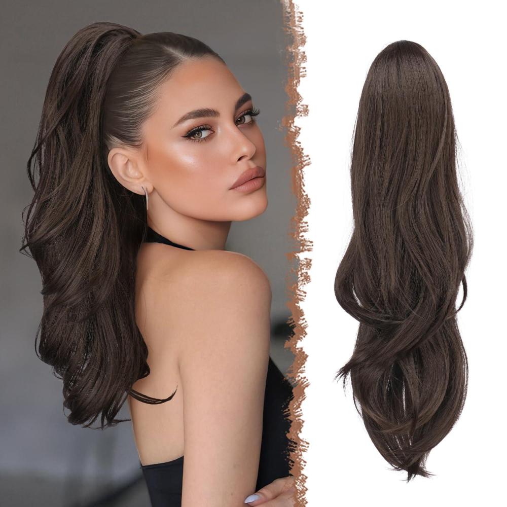 imageFESHFEN Drawstring Ponytail Extension Natural Long Wavy Layered Synthetic Pony Tails Honey Blonde Mixed Light Brown Hair Extensions Hairpieces for Women 20 inch6 Dark Brown